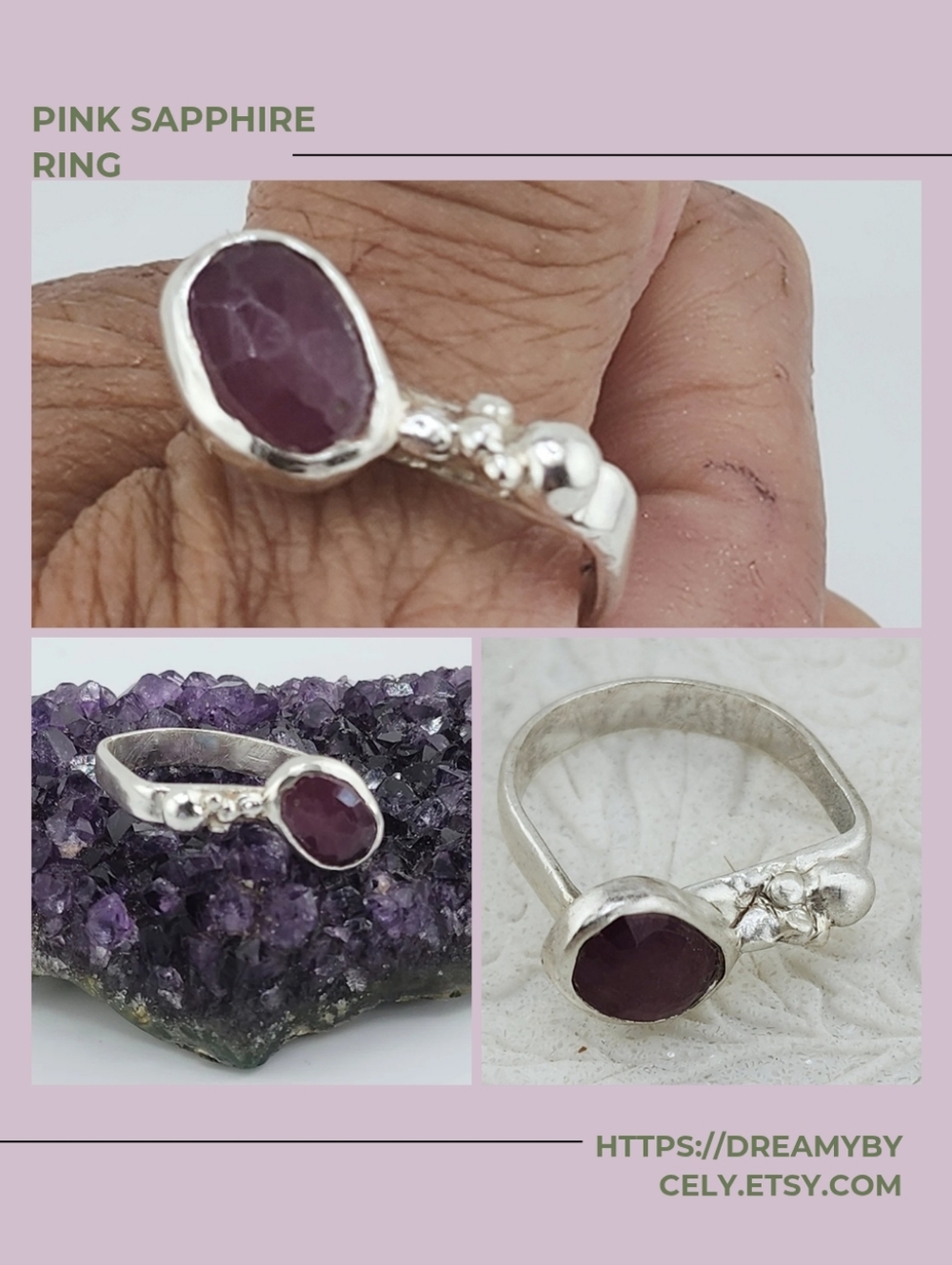 PINK SAPPHIRE BRUTALIST DESING HANDMADE SIZE 8 - Picture 2 of 14
